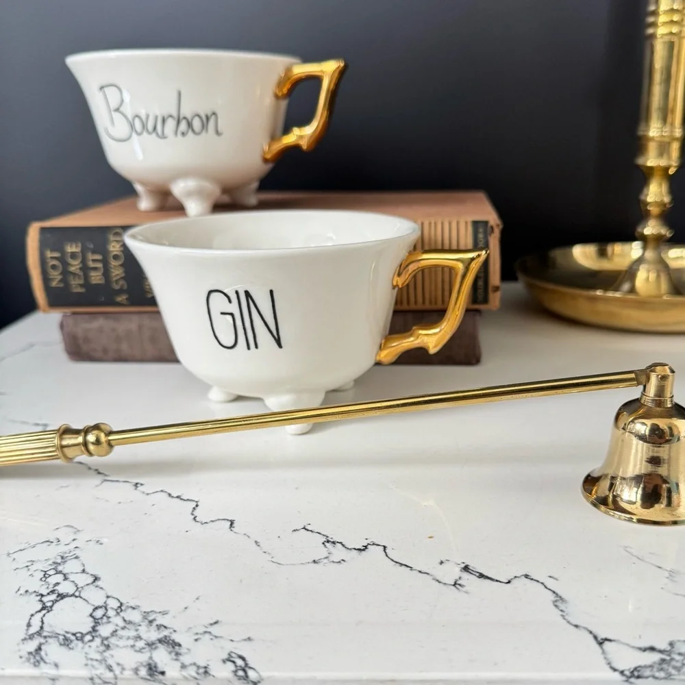 Creative Co-op Stoneware Bourbon + Gin 3 Footed w Gold Handle Tea Cup set of 2 - Picture 2 of 7